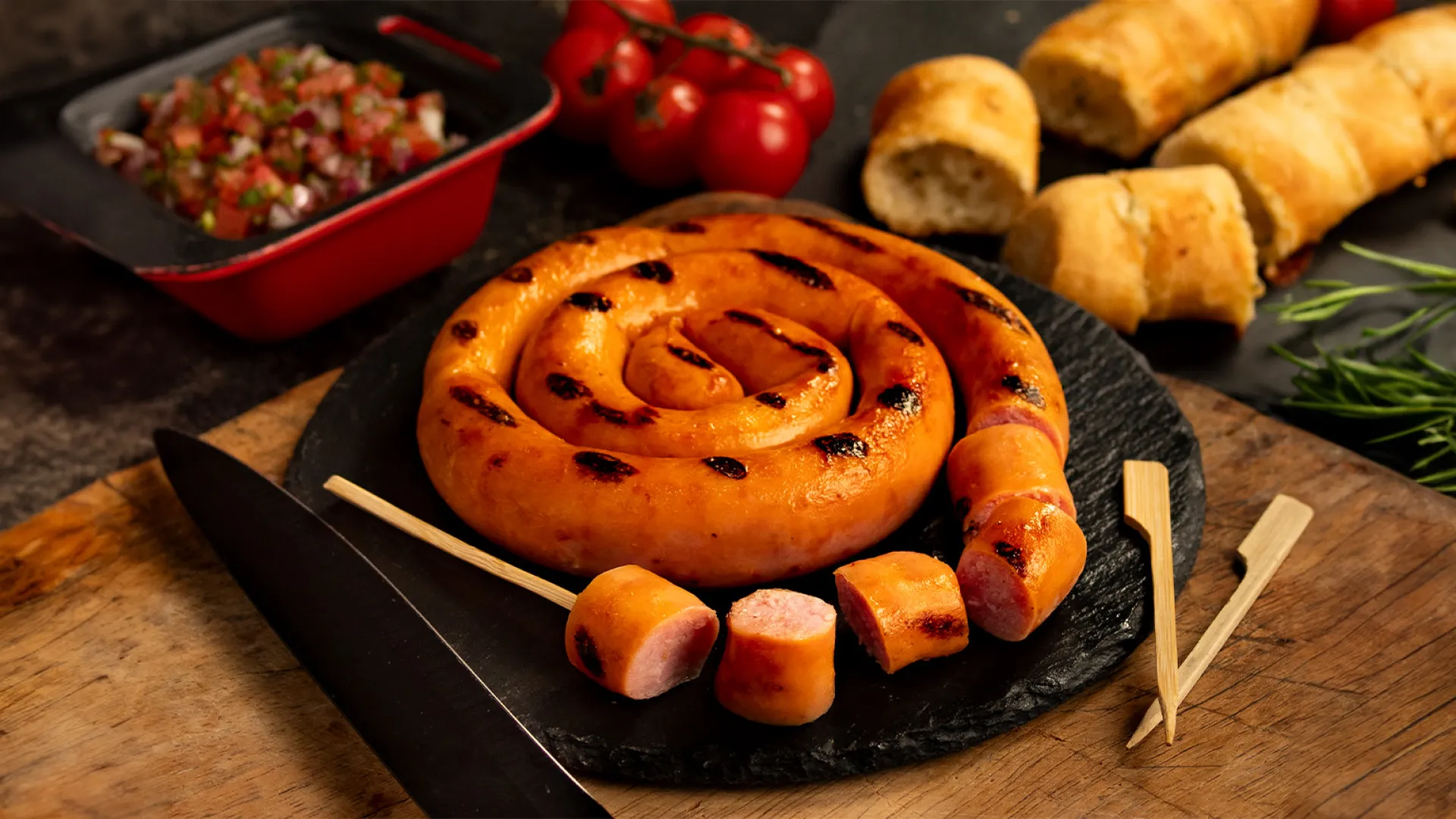 foto da receita Linguiça Toscana Fininha com vinagrete e pão de alho caseiro