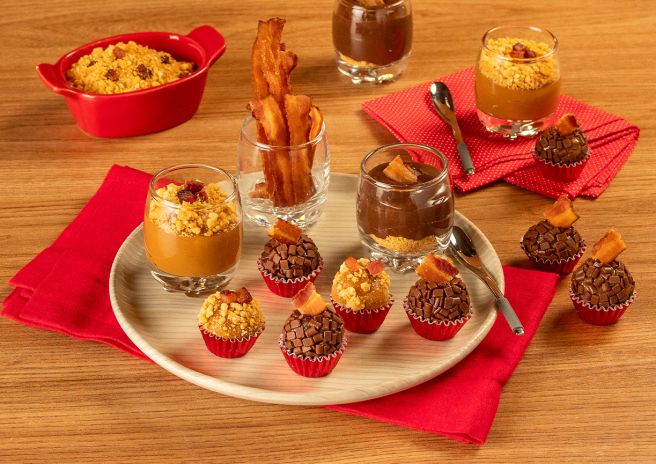 Brigadeiro de Caramelo e Brigadeiro Tradicional com Farofa Doce de Bacon