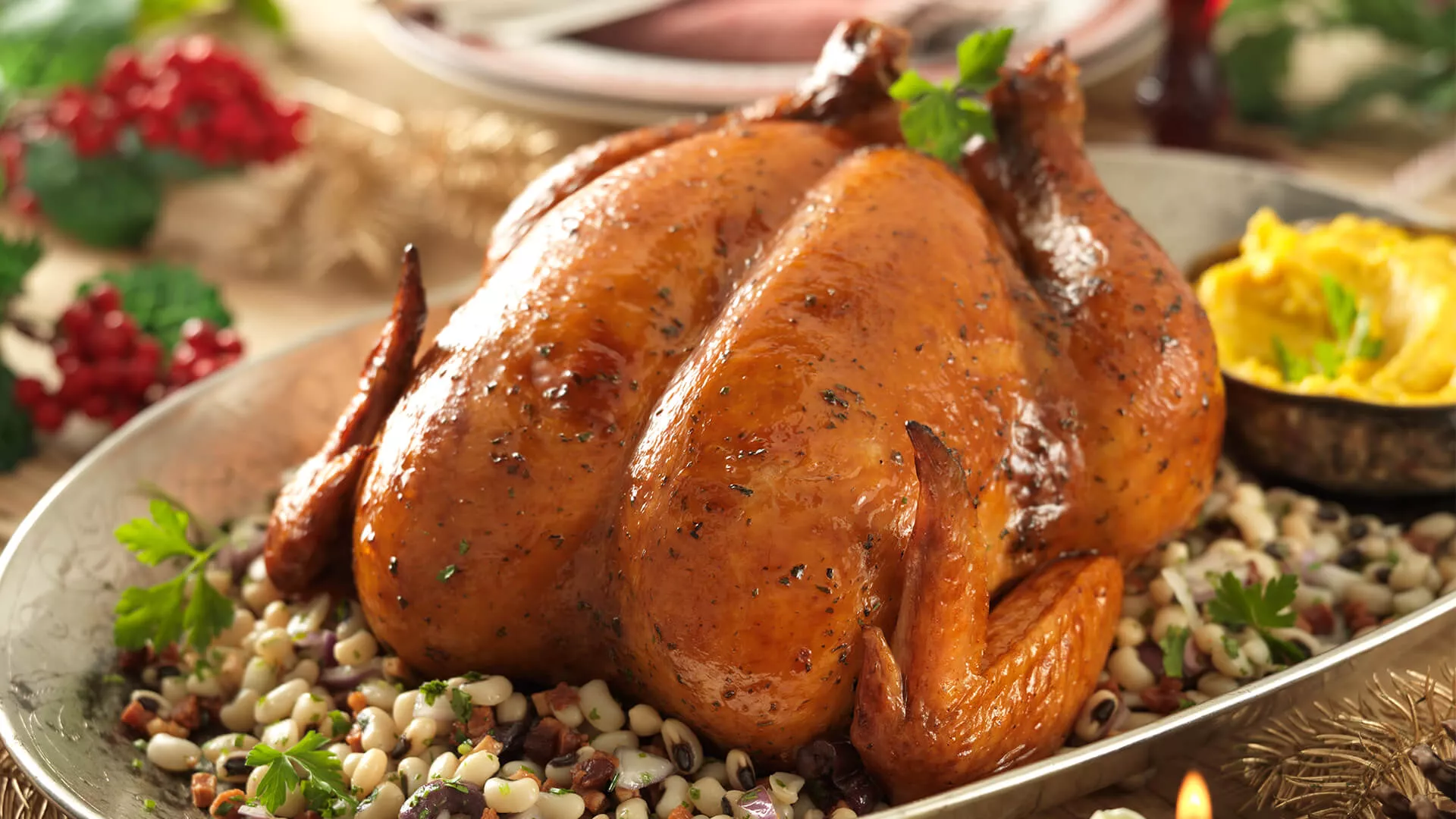 foto da receita Chester Azeite e Ervas Acompanhado de Purê de Abóbora e Salada