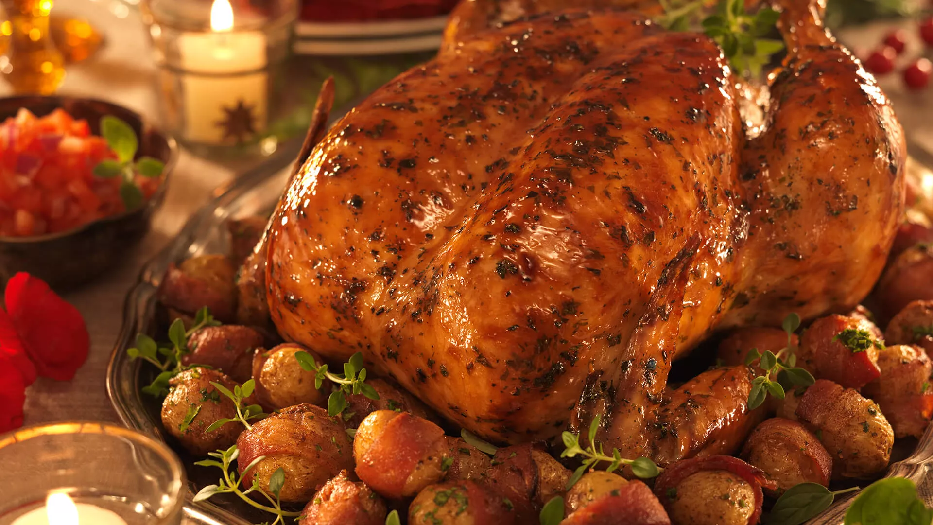 foto da receita Chester com Especiarias com Mini Batatas Enroladas no Bacon e Vinagrete de Cebola Roxa