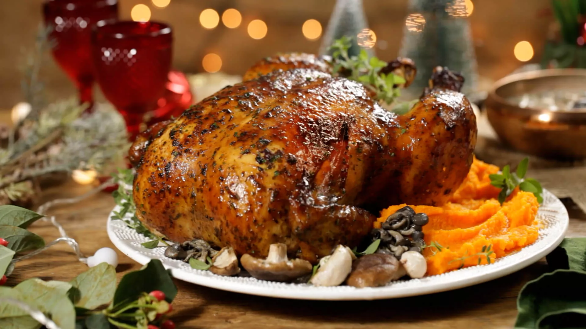 foto da receita Chester Azeite e Ervas Perdigão com Molho de Cogumelos e Purê de Cenoura